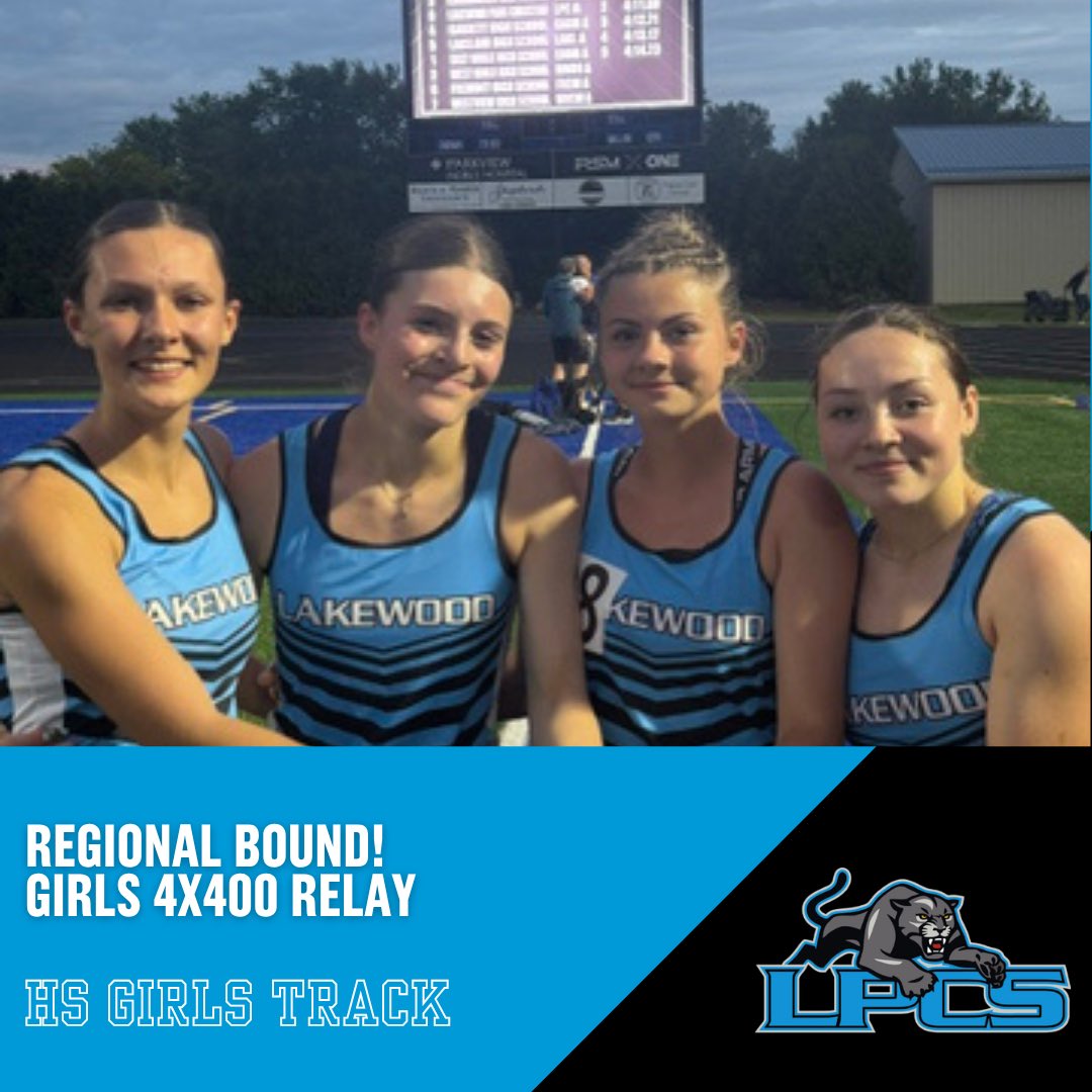 LPCSAthletics's tweet photo. Regional bound!

Girls 4x400 relay team finished in 2nd place at sectionals on Tuesday.

Left to right- Ava Dowd, Avery Brandenberger, Carigan Treesh, Luca Bontrager

3rd time in program history that a girls 4x400 relay team has qualified for the regional round!

#GoPanthers https://t.co/axgugJBn6o