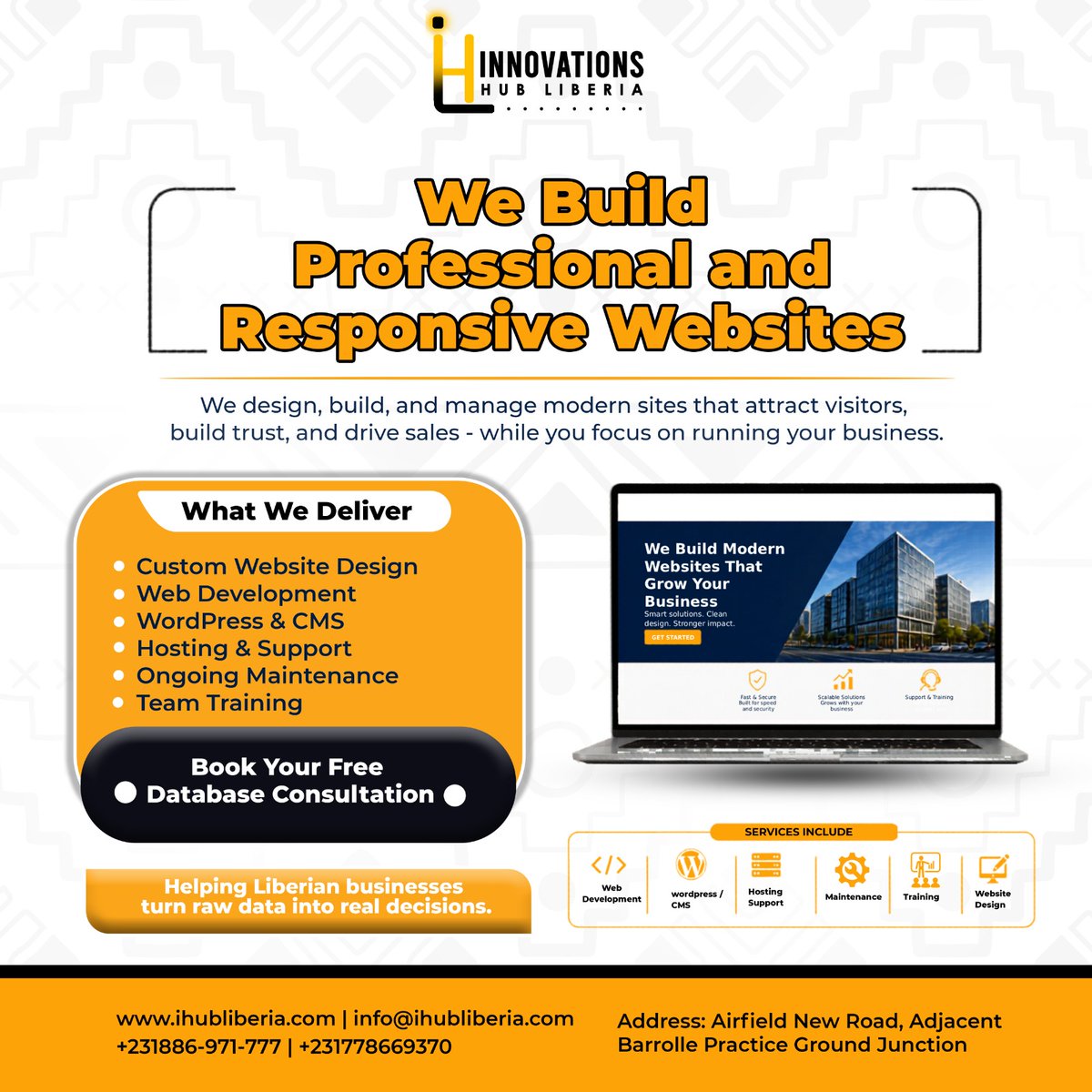 ihublib's tweet photo. Innovations Hub Liberia builds professional, responsive websites that attract visitors and drive sales.
Book your free consultation.
+231 886-971-777 | info@ihubliberia.com
#InnovationsHubLiberia #WebDevelopment #Liberia https://t.co/z7cMFwrPO6