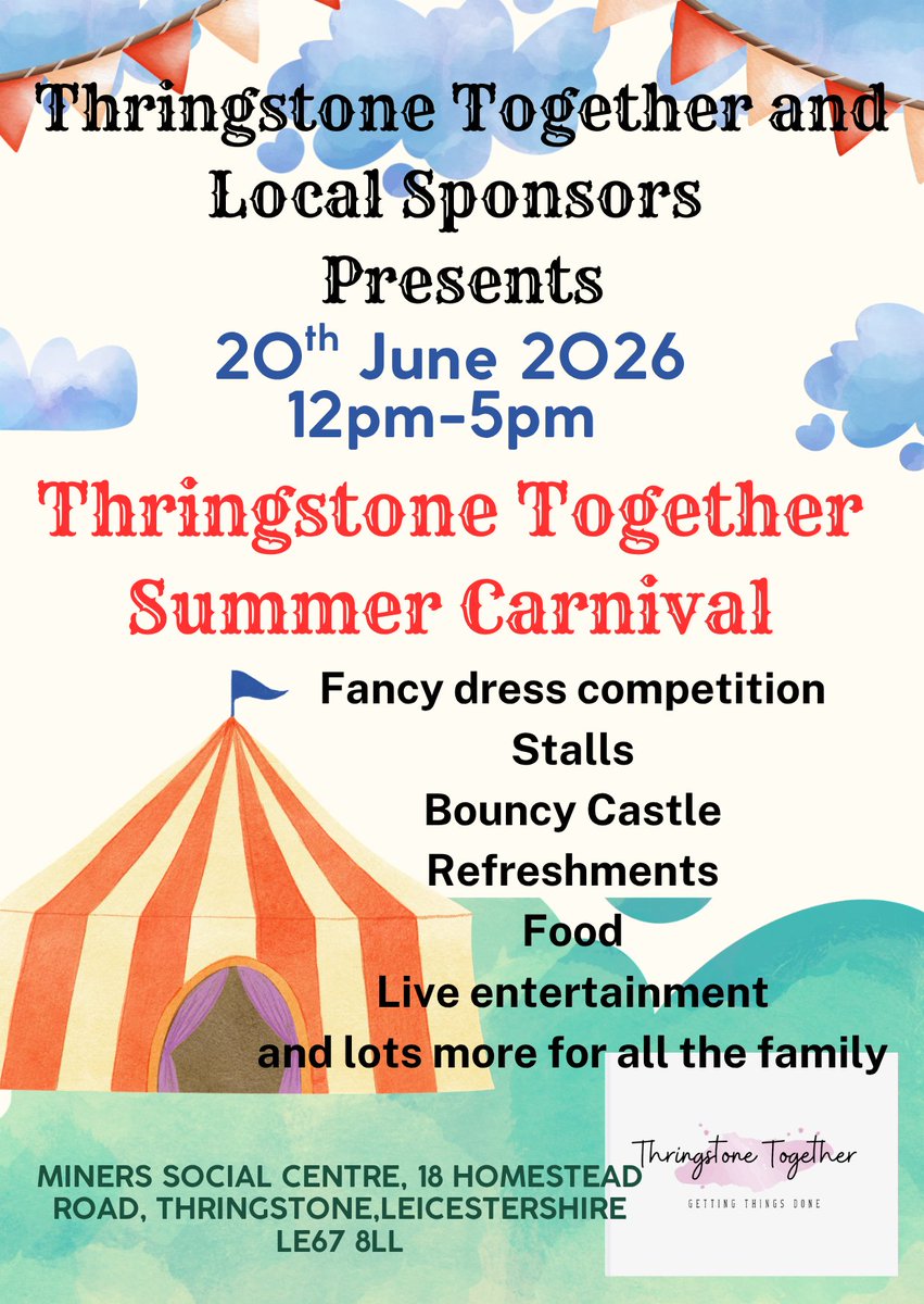 Thringstone2's tweet photo. Only a month away now before we have THRINGSTONE CARNIVAL.  Put it in your diaries - Thringstone Miners Social Centre, Homestead Road, 20 June 12 noon-5pm.  Sponsored by NWLDC's community lottery grant and a wealth of local sponsors, the only thing we need is good weather. https://t.co/kp0HgLUn0d