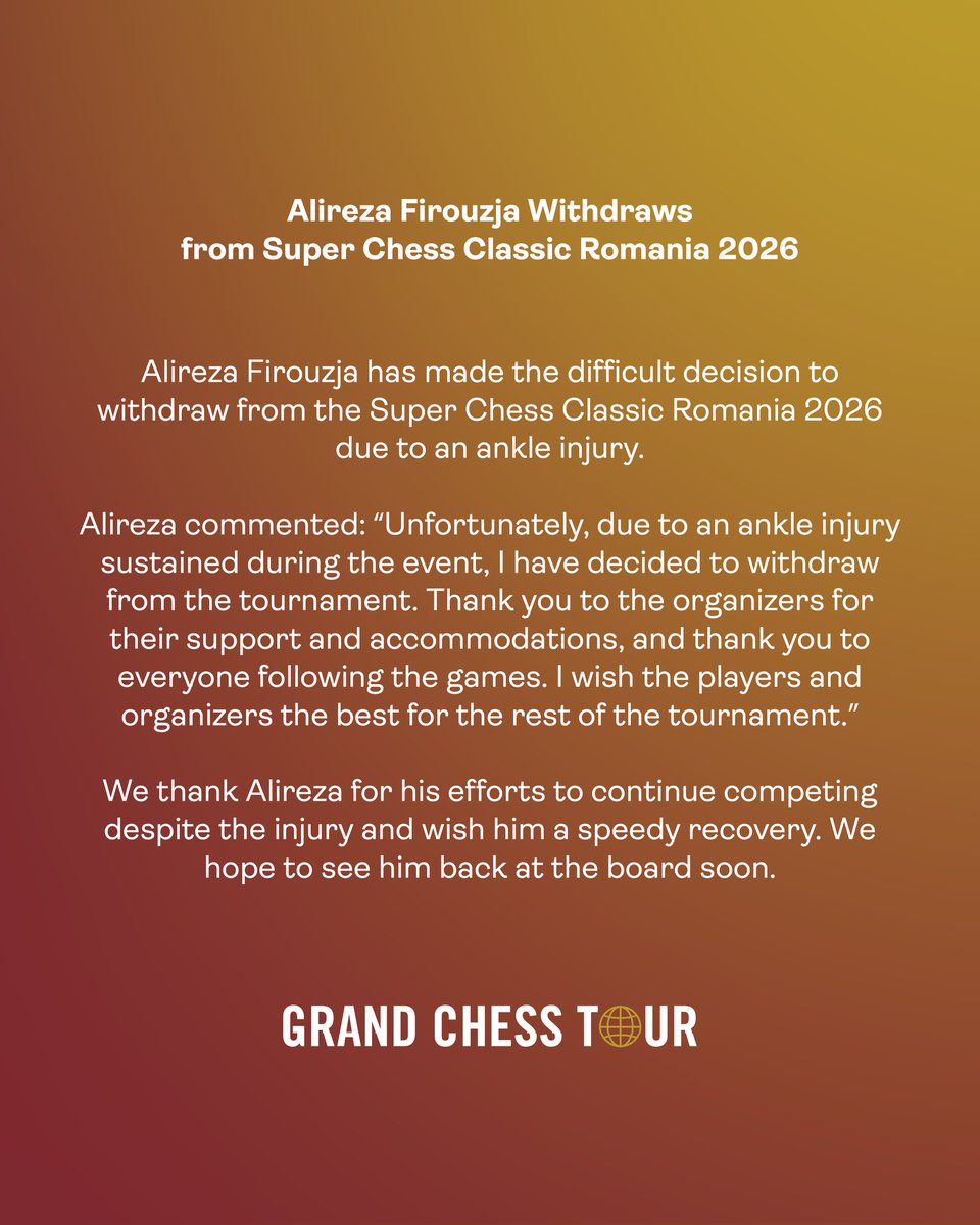 GrandChessTour's tweet photo. Alireza Firouzja Withdraws from Super Chess Classic Romania 2026.
Alireza Firouzja has made the difficult decision to withdraw from the Super Chess Classic Romania 2026 due to an ankle injury.

Alireza commented: “Unfortunately, due to an ankle injury sustained during the event, I have decided to withdraw from the tournament. Thank you to the organizers for their support and accommodations, and thank you to everyone following the games. I wish the players and organizers the best for the rest of the tournament.”

We thank Alireza for his efforts to continue competing despite the injury and wish him a speedy recovery. We hope to see him back at the board soon.
#grandchesstour
