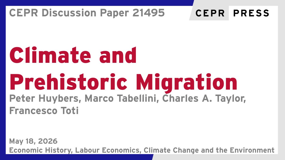 cepr_org's tweet photo. New CEPR Discussion Paper - DP21495
Climate and Prehistoric Migration
Peter Huybers @Harvard, Marco Tabellini @HarvardHBS, Charles A. Taylor @Kennedy_School @Harvard, Francesco Toti @umich
https://t.co/4tes8HK9Cv
#CEPR_EH #CEPR_LE #CEPR_CCE https://t.co/IVh8qbOgdq
