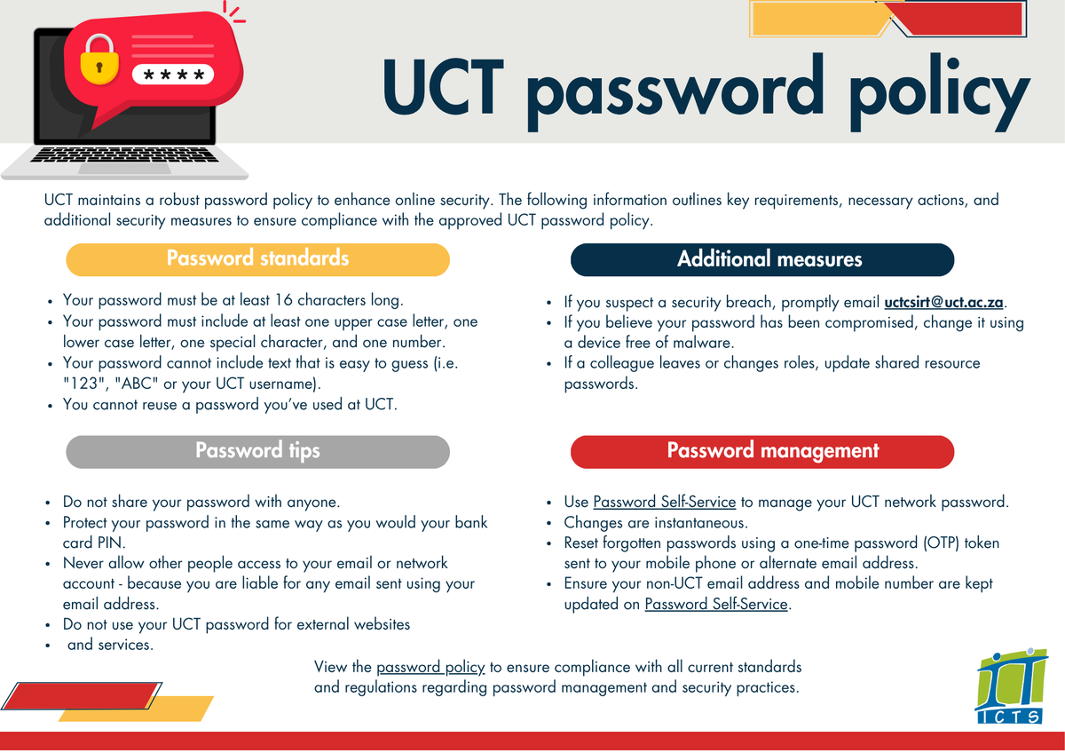 UCT_CSIRT's tweet photo. #CyberSafety - Is your password protecting you properly?

Make sure your UCT password is strong, secure and aligned with the UCT password policy to help keep your account and information safe.

https://t.co/PphqdY4nbp

#PasswordMonth #UCT #StaySecure https://t.co/1bGMqIEyBc