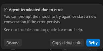 macoapp's tweet photo. 「Agent terminated due to error」が一生出るもんで、Retryにカーソル合わせて動体視力検査みたいな感じでクリックしてる。ほんで気付いたらまた逝った。 https://t.co/9U0yB24Rjp