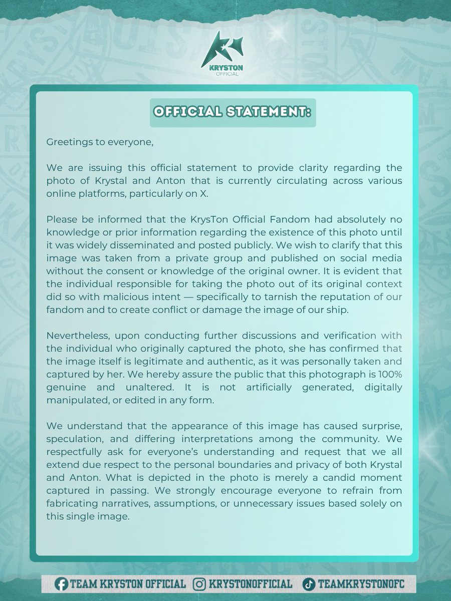 krystonofficial's tweet photo. We are issuing this official statement to provide clarity regarding the photo of Krystal and Anton that’s currently circulating across various online platforms.

We should all learn to normalize seeing two persons bond w/out putting any malicious narratives on it unless confirmed https://t.co/5HOt32VZc8