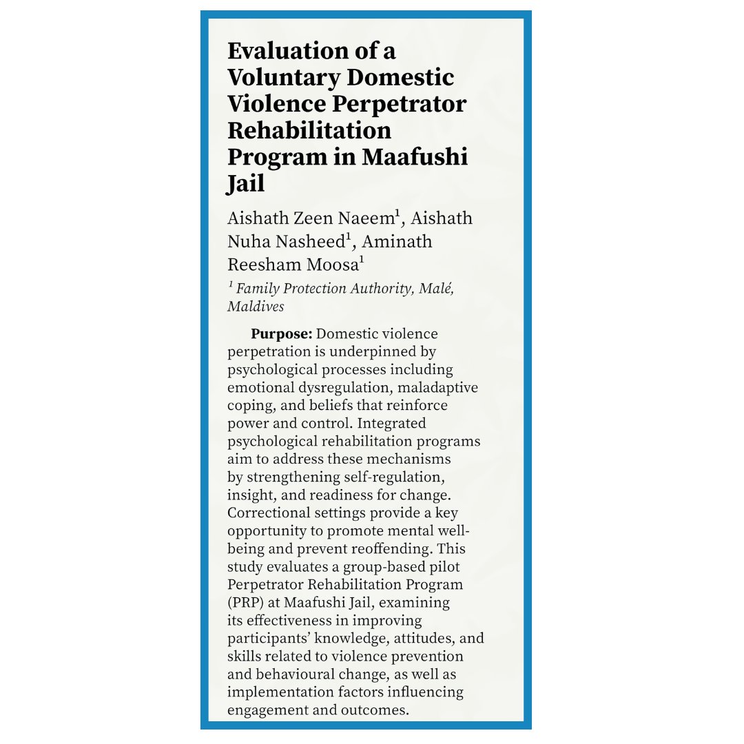 FPAMaldives's tweet photo. We are proud to share that our paper titled “Evaluation of a Voluntary Domestic Violence Perpetrator Rehabilitation Program in Maafushi Jail” received the Outstanding Paper Award at the Oevaru 2026 Mental Health Conference. This recognition highlights the importance of evidence-based rehabilitation and intervention efforts in addressing domestic violence. We extend our sincere appreciation to all contributors and partners involved in this work.