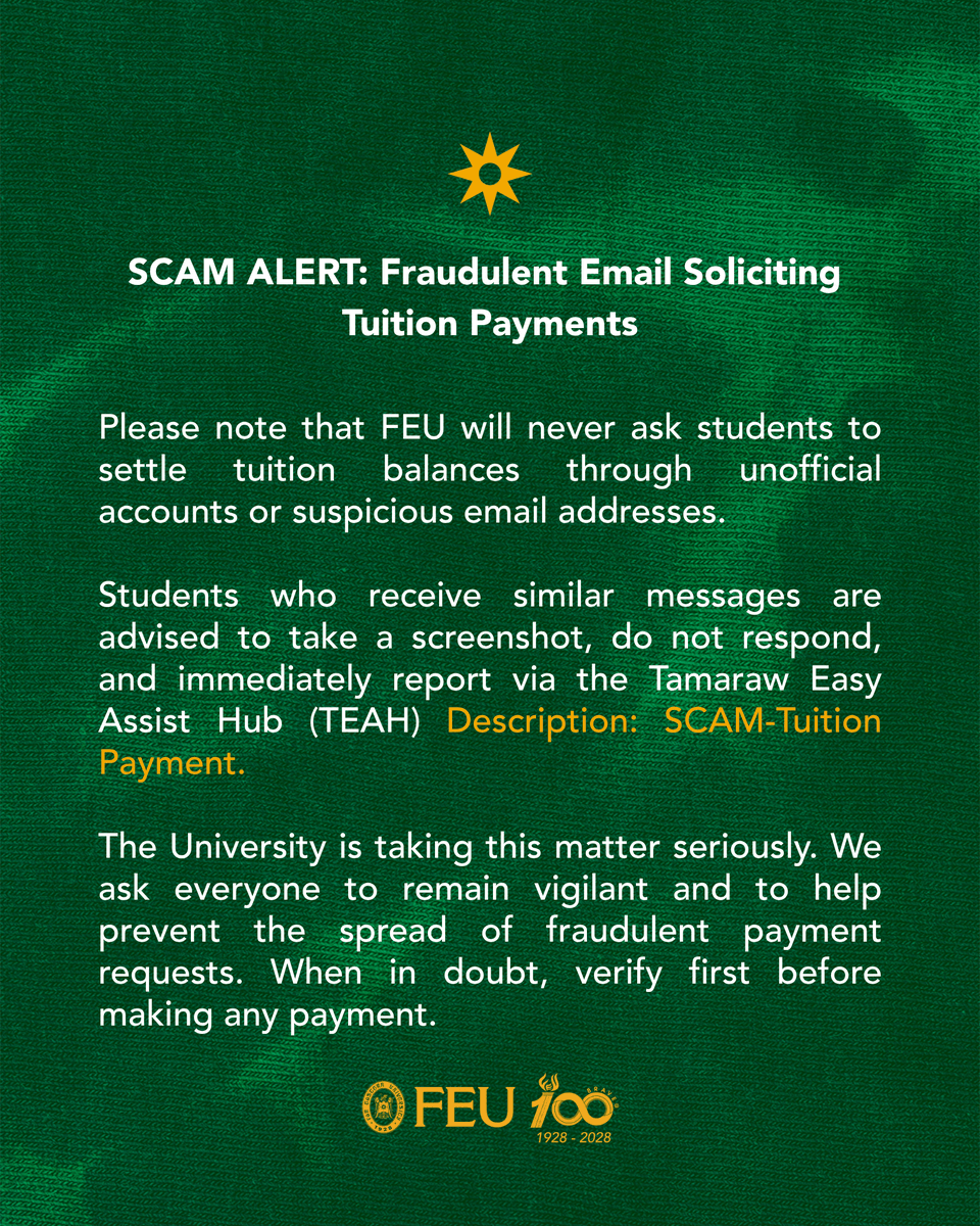 FarEasternU's tweet photo. SCAM ALERT: Fraudulent Email Soliciting Tuition Payments
If you need assistance, please send your inquiries through:
https://t.co/1trVTqZskM https://t.co/cEWaoKG28l