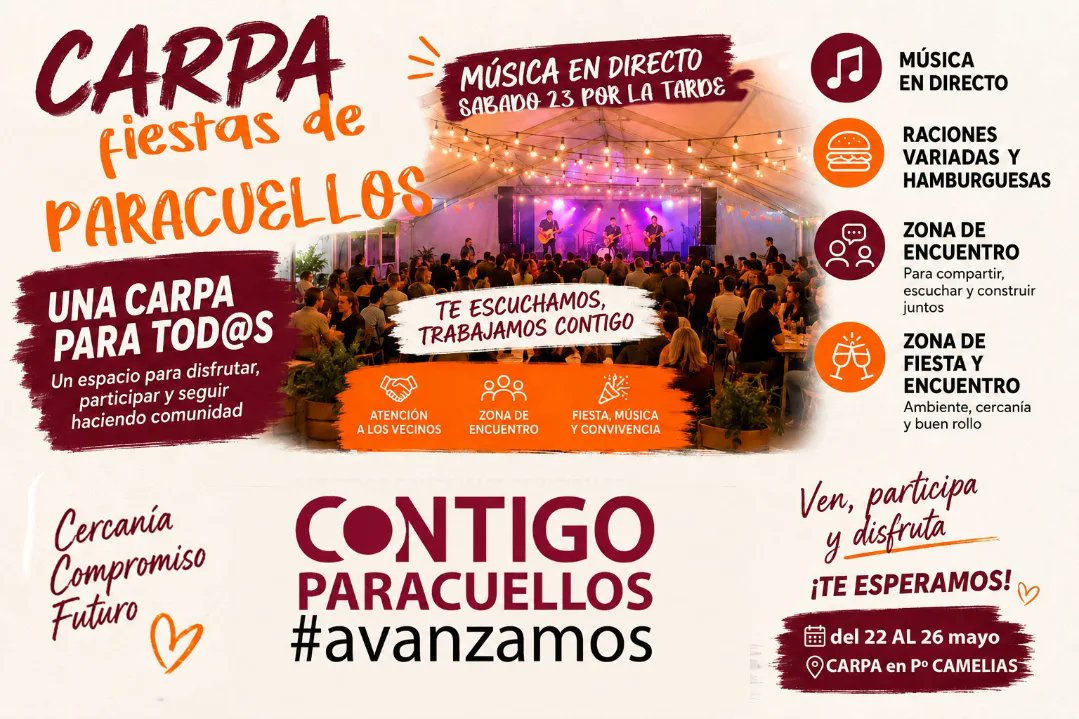 ContigoSD's tweet photo. ¡Vuelven las fiestas a Paracuellos!

Una carpa abierta para tod@s donde compartir, disfrutar y seguir haciendo comunidad
✨ Música en directo
🍔 Raciones y hamburguesas
🤝 Espacios de encuentro
🎊 Buen ambiente y convivencia
Del 22 al 26 de mayo te esperamos en la carpa https://t.co/CVCZ7pADgT