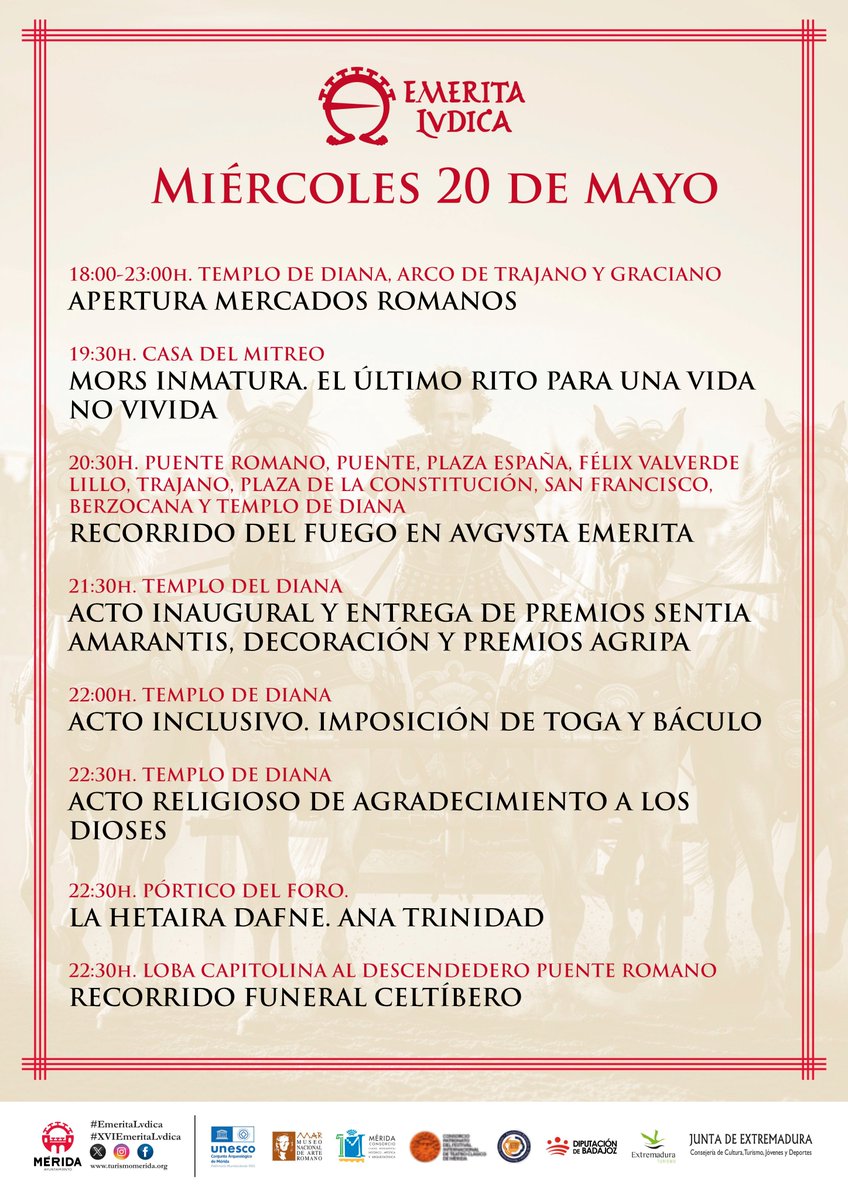 ayto_merida's tweet photo. Hoy miércoles 20 de mayo se inaugura oficialmente la XVI edición de #EmeritaLvdica en el Templo de Diana, a partir de las 21:30 horas. Programación  de actividades👇 https://t.co/UKWFP9XUdp