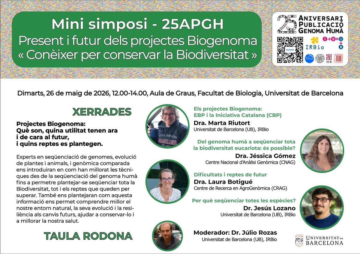 IBUB_UB's tweet photo. Mini Simposi  #25APGH, Present i futur dels projectes Biogenoma “Conèixer per conservar la Biodiversitat”

📆26/5
🕐12h-14h
📍Aula Graus, @BiologiaUB https://t.co/VZdIazbWXy