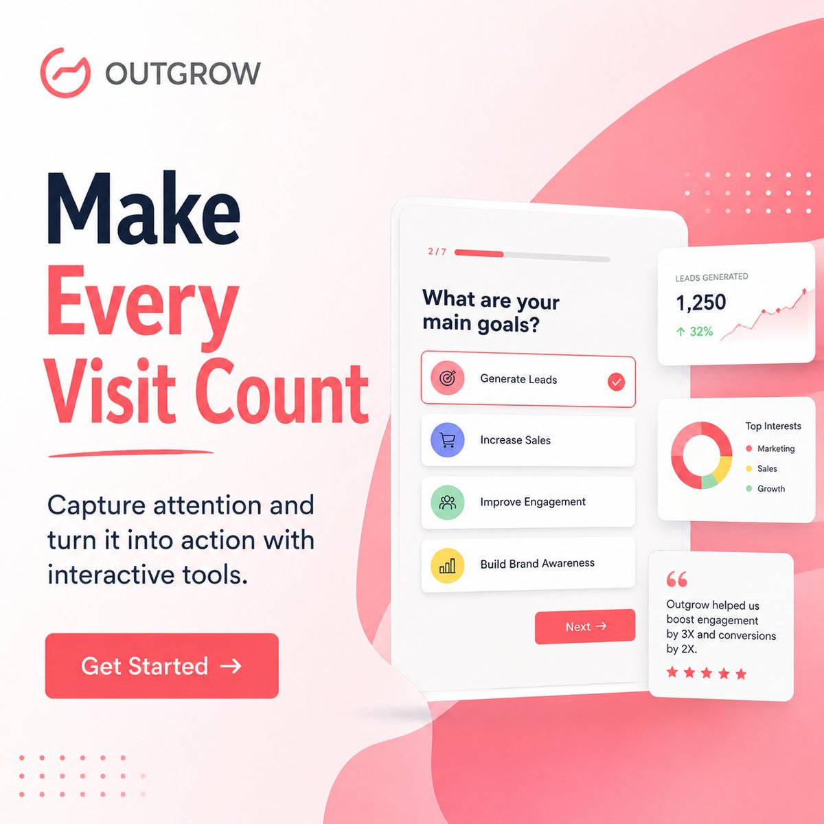 OutgrowCo's tweet photo. Turn Visitors into Action.
Catch attention, spark engagement, and guide your audience toward meaningful action with interactive experiences.
🚀 Get Started! Link in comments.
#Outgrow #InteractiveContent #LeadGeneration #CustomerEngagement #MarketingTools #ContentThatConverts https://t.co/JWMVK1GIXW