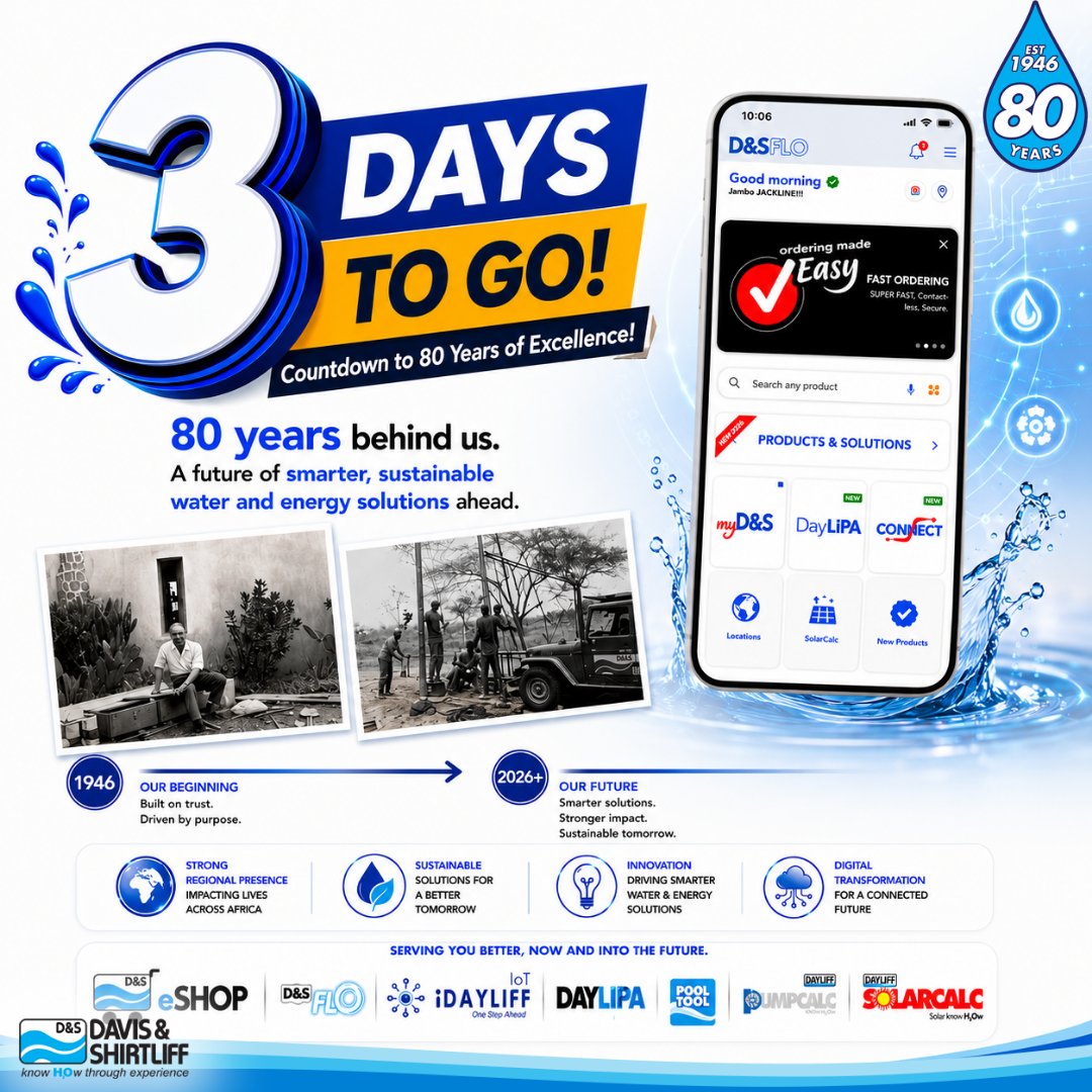 DavisShirtliff's tweet photo. Only 3 DAYS TO GO!

For 80 years, Davis &amp; Shirtliff has transformed water and energy access across the region. 
This Wednesday, we celebrate its legacy and the future of connected, sustainable, smarter solutions.

Midweek momentum. The countdown continues.

#DS80 #WeAre80 https://t.co/hjJnzN7s5q