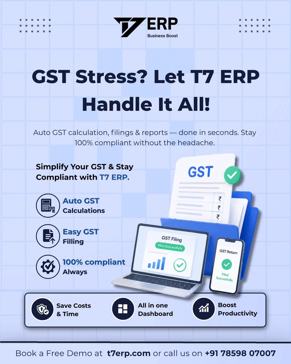 T7Erp's tweet photo. Tired of spending hours on #GST calculations every month? 😤
Manual entries, wrong filings, last-minute panic — it's killing your time.
#T7ERP auto-calculates GST, generates reports & keeps you fully compliant.
👉 Switch to T7 ERP — https://t.co/KwqGiVTOqb
#GSTSoftware https://t.co/EqzDMPeH9I