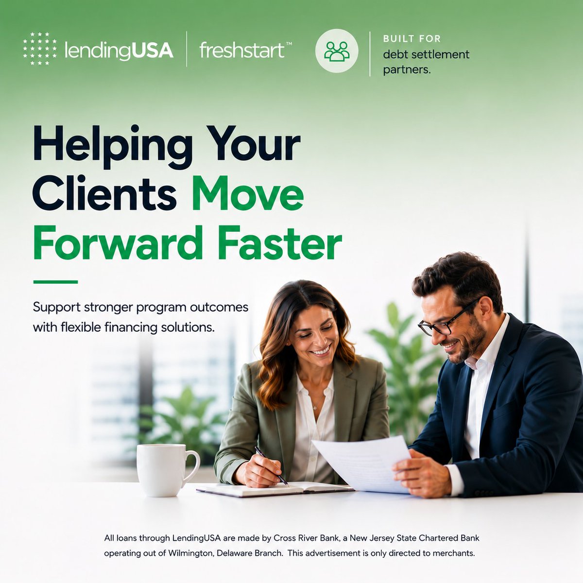 LendingUSA's tweet photo. Stronger client outcomes start with the right tools. 🌱 Freshstart Lending helps debt settlement partners drive more successful program graduations through flexible financing built for real client needs. 

Learn more: https://t.co/2afjutbVFA  #DebtSettlement #Fintech https://t.co/ztbjla75B6