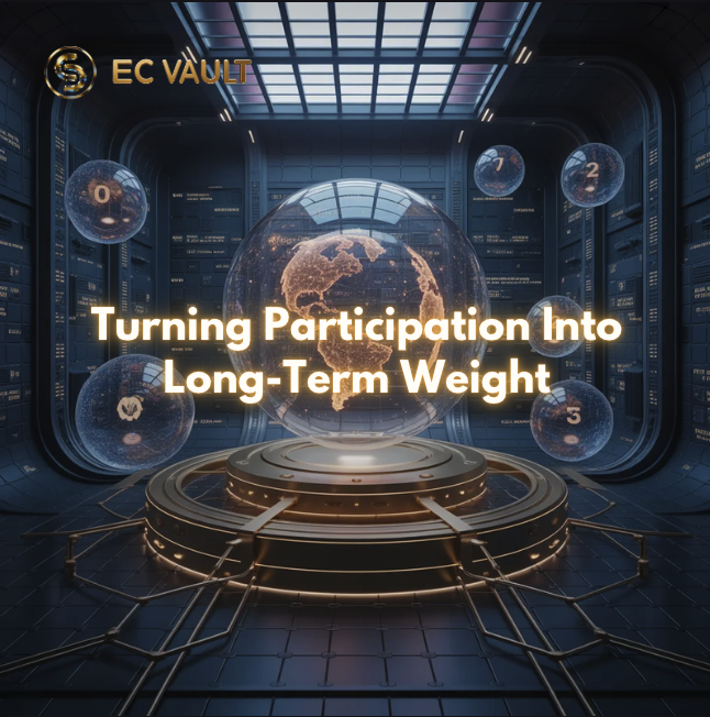 ECVault's tweet photo. Most ecosystems reward short-term attention.

EC Vault is exploring a different structure:
where participation history, governance contribution, node activity, and long-term ecosystem involvement form lasting operational weight inside the treasury system.

Participation may become infrastructure.
#ECVault #RWA #Web3