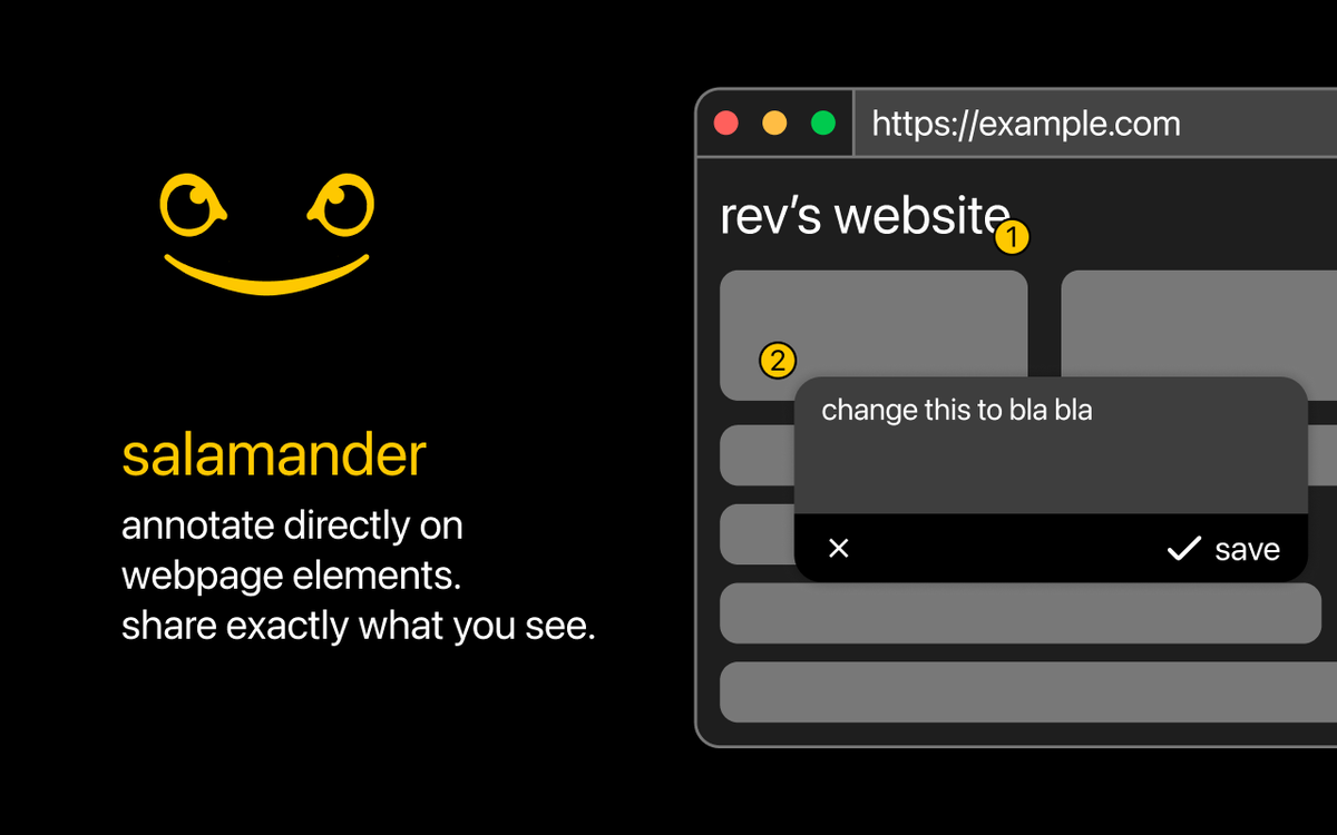 Revanthkrishna_'s tweet photo. no more taking screenshots of websites &amp; drawing red arrows on them❌

'salamander' 🦎, my new chrome extension, lets you annotate websites directly by clicking on page elements, then export your notes to share with others. they import your file &amp; see your notes inline (see 🧵) https://t.co/dH0b9nbr3k