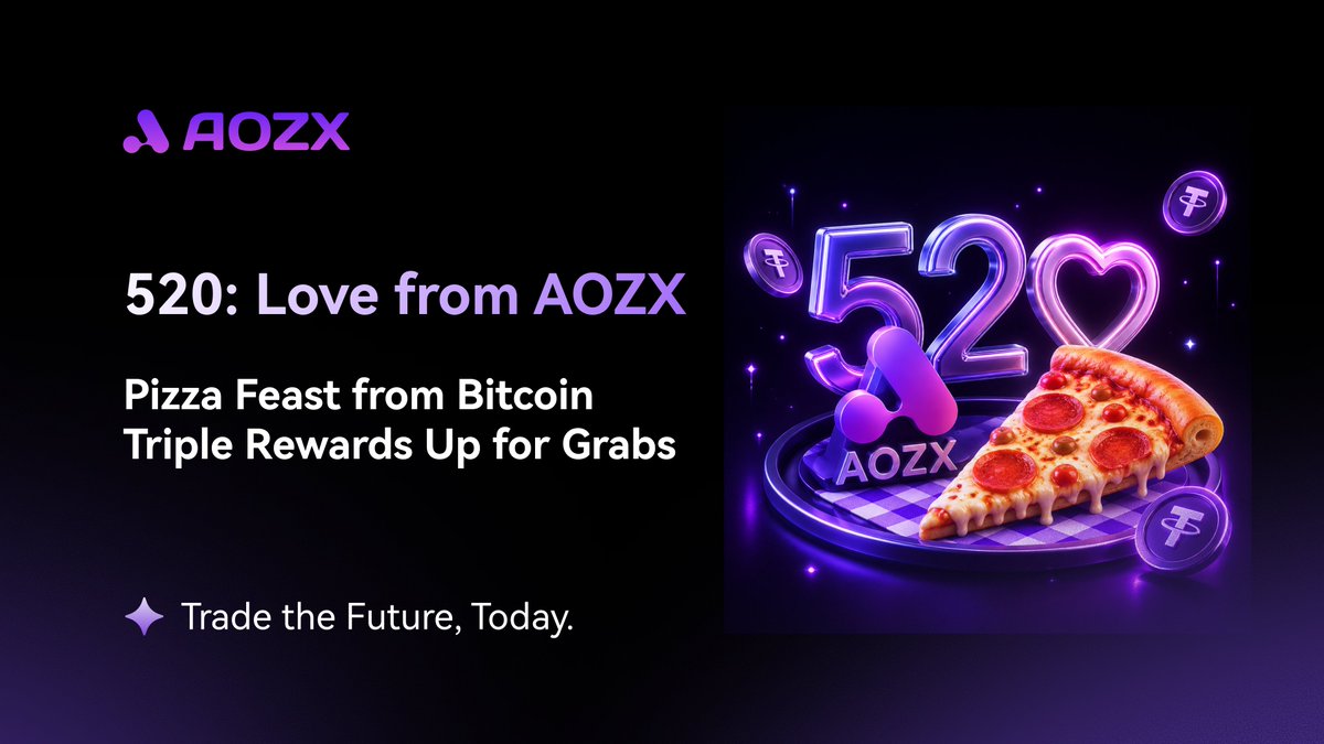 AOZXOfficial's tweet photo. 💜 520 x Bitcoin Pizza Day 🍕
Love is on-chain. Pizza is on AOZX.

📅 2026.5.20 – 2026.5.23 8:00 (GMT)

Tell us your Crypto confession to AOZX 🍕💜

Learn more👉 https://t.co/plyHqLVNhy

#AOZX #BitcoinPizzaDay https://t.co/yUaAWH1V94