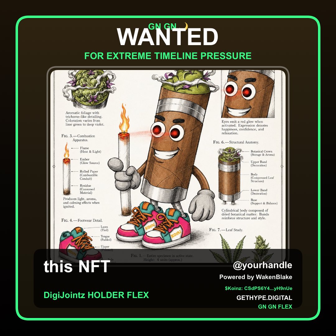 digijointz's tweet photo. GN smoke signal sent 📡

this NFT from DigiJointz just closed the timeline.

Flex NFTs:
https://t.co/7Nn3RWDRe3

Missionz: https://t.co/Rqk6fBdAuP

$Koinz: CSdPS6Y4KSzufK4qpUZEEyhahkbnH5KApMuheEyH9nUe

@KafeelAde 

#DigiJointz #WakenBlake https://t.co/A94Kq7tsLr