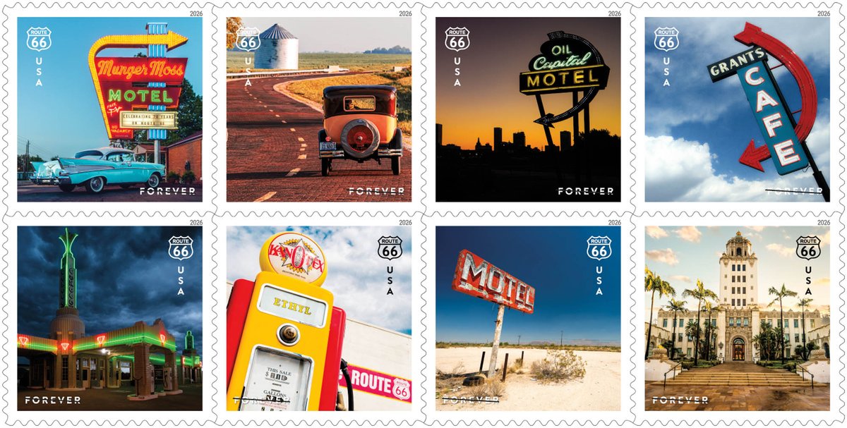Vaccarinews's tweet photo. Otto #francobolli #Usa, uno per ogni #Statofederato coinvolto, per la #secolare #Route66: https://t.co/Gg7PdTiPxO https://t.co/2c33uGRmZP