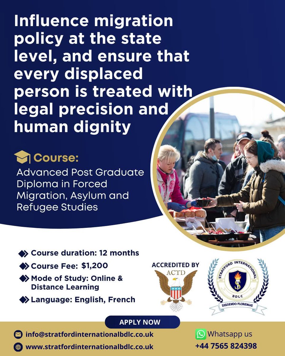 Stratfordbdlc's tweet photo. This course will teach you to navigate international refugee law with precision and protect those most at risk.
Enroll today!
📩 Email: info@stratfordinternationalbdlc.co.uk
💻 Website: https://t.co/Y5xKafYEEl
#ForcedMigration #Asylum #Refugees #humanitariancourses #humanitaria https://t.co/zhGyqT7NDt