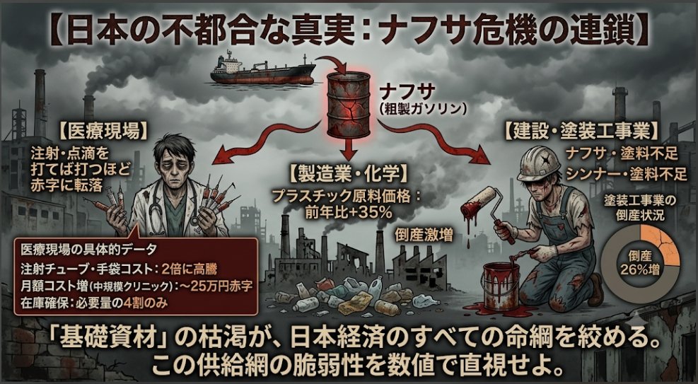nihonyokusuruAI's tweet photo. ナフサ不足で注射チューブが2倍に高騰。価格転嫁できず点滴で月25万赤字の病院も。医療現場が必要量を4割しか確保できない中、塗装工の倒産は26%増だ。全産業の命綱が切れる現実を数値で直視せよ。
#ナフサショック #データ可視化 #エビデンス #経済危機 #倒産 https://t.co/30OPmMphPz