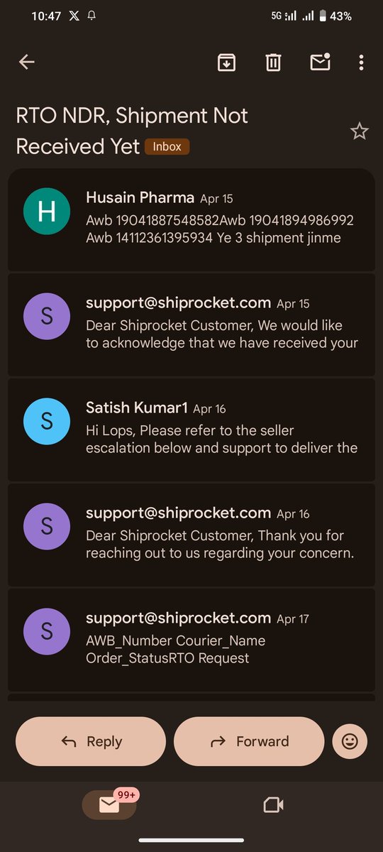 techelperhusain's tweet photo. 15 April se Complain karte karte 19 May 1 Month Cross ho gaya lekin @_saah1l @ShiprocketCare aur inki team se ye resolve nahi hua, total shipment value 6000 hai, Sharam aani chahiye aapko ye service hai aapki, ek seller ko kitni baar aapko complain karna padega, #quitshiprocket https://t.co/hzQtLJ6Bg9