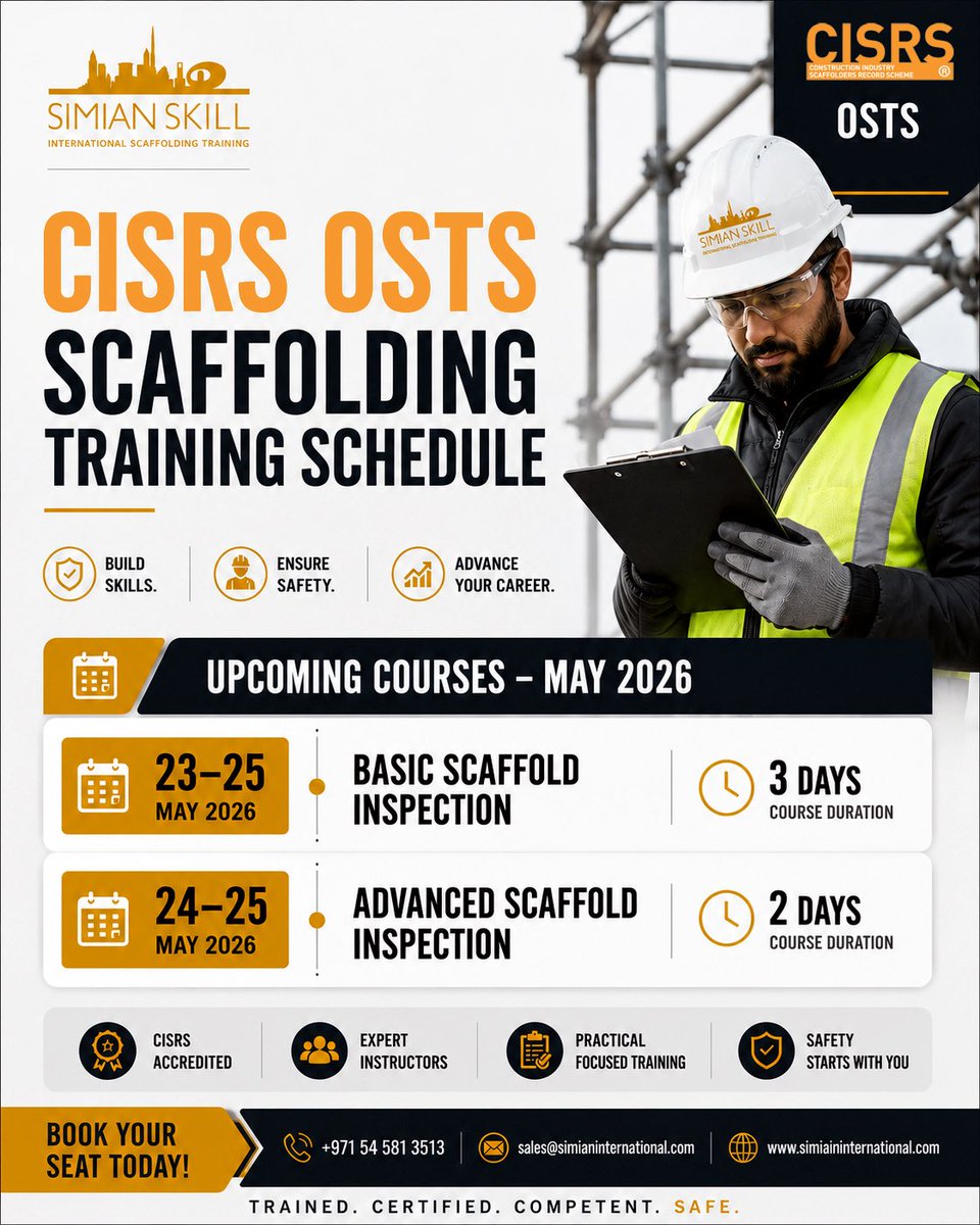 SimianGCC's tweet photo. Weekly CISRS OSTS Training Schedule.
Upgrade your #skills with globally recognized CISRS #certification, delivered by experienced industry professionals. 

Secure your spot today!
📱 +971 54 581 3513
📧 Sales@simianinternational.com

#thinksafetythinksimian #SimianInternational https://t.co/MtPzK8LfvN