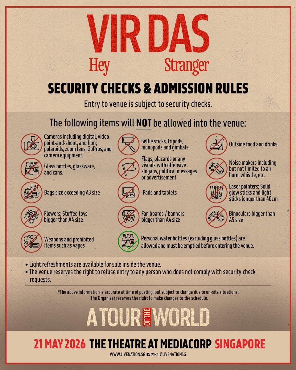 livenationsg's tweet photo. Event guide's out! Read to ensure that you'll have the greatest laugh with Vir Das tomorrow!
π« Limited tickets left! Grab yours here π https://t.co/5BBcYSASvG
π€£ ππ’π« πππ¬: πππ² πππ«ππ§π ππ«
π 21 May 2026, Thursday
π The Theatre at Mediacorp
#VirDas #HeyStranger #LiveNationSG