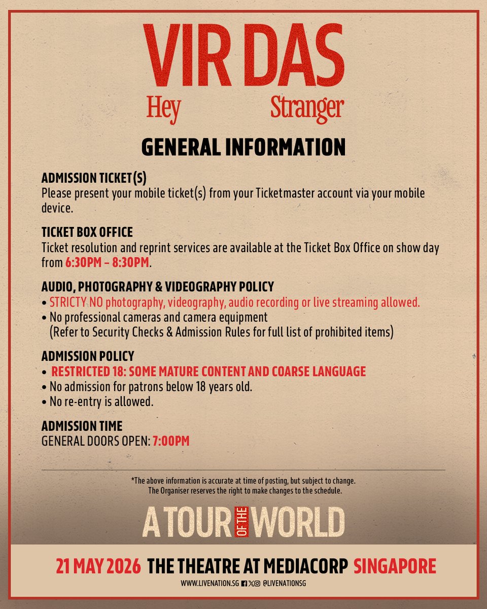 livenationsg's tweet photo. Event guide's out! Read to ensure that you'll have the greatest laugh with Vir Das tomorrow!
π« Limited tickets left! Grab yours here π https://t.co/5BBcYSASvG
π€£ ππ’π« πππ¬: πππ² πππ«ππ§π ππ«
π 21 May 2026, Thursday
π The Theatre at Mediacorp
#VirDas #HeyStranger #LiveNationSG