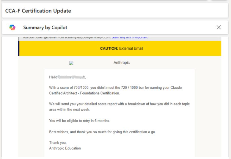 _cloudlyAi's tweet photo. I DID NOT clear the Claude Certified Architect Foundation exam. Scored 703, while 720 is the passing mark.

My Initial learnings /reflections from the experience:

1. Good mock test scores are NOT enough !!!
I scored 846/1000 in mocks and made the mistake of thinking I would comfortably clear the real exam.

2. The actual exam felt much tougher and very different from mock tests and online question sets available at various sites .

3. Don’t neglect concepts you already know.
I blanked on things like claude --continue and claude --resume, and there were multiple questions around them.

4. Revise. Re-revise. Don’t rush the exam.
Have your own last-minute notes for factual and command-based concepts like above !

5. The most recurring theme across the exam was Reliability:
How do you make AI agents produce consistent, dependable outputs?
Single agent or multi-agent, chat agent or code... this theme was  just ...everywhere.

6.Another big theme:
What is the BEST thing you can do when the model starts forgetting context?
The tricky part: options were not that straightforward.

7.Surprisingly, I expected far more questions on CLAUDE.md, MCP servers, skills, subagents, etc. Topics I personally felt stronger in.
But I barely saw more than 1-2 questions there. No questions on project-level vs personal-level CLAUDE.md either.

8.The exam is highly conceptual and practical.
Almost every question is scenario-based.
You cannot pass just because you “know” some related concept.
You need to deeply understand tradeoffs and choose the best possible approach.

9.I’ll probably make another post once I get a detailed topic-wise performance breakdown.

10.After the initial disappointment faded(took few hours though !)  I actually appreciated the exam more.
It genuinely tests whether you have knowledge, experience & thorough understanding design reliable production-grade AI systems or not !!

11.I’ve worked on some AI agents/systems professionally, but I still haven’t built large-scale production AI systems deeply enough.  

This exam stripped away any false confidence  I've and laid my gaps bare in front of me !!! 

12. This result made one thing clear:
I’m not that far, but not there yet.
And honestly, that realization has motivated me even more.

Time to learn more !!
Build more. 
Experience more 
Come back stronger !

13.  I honestly think , everyone interested in building AI agents, should give this exam, NOT just to get another certificate but to know where exactly they stand today ! .  I believe that clarity is more valuable than certificate itself !

Thanks Claude, for showing me that !!