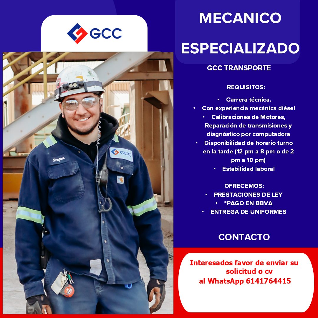 empleochihuahua's tweet photo. GRUPO CEMENTOS DE CHIHUAHUA tiene la siguiente vacante en Juárez, Chih:               

MECÁNICO ESPECIALIZADO

Para mayor información: https://t.co/3I69v4zjgL                      

Contacto:  contacto@empleochihuahua.com        

#CJS #Juárez #Chihuahua #empleo #vacante https://t.co/D9GjwbxS8F