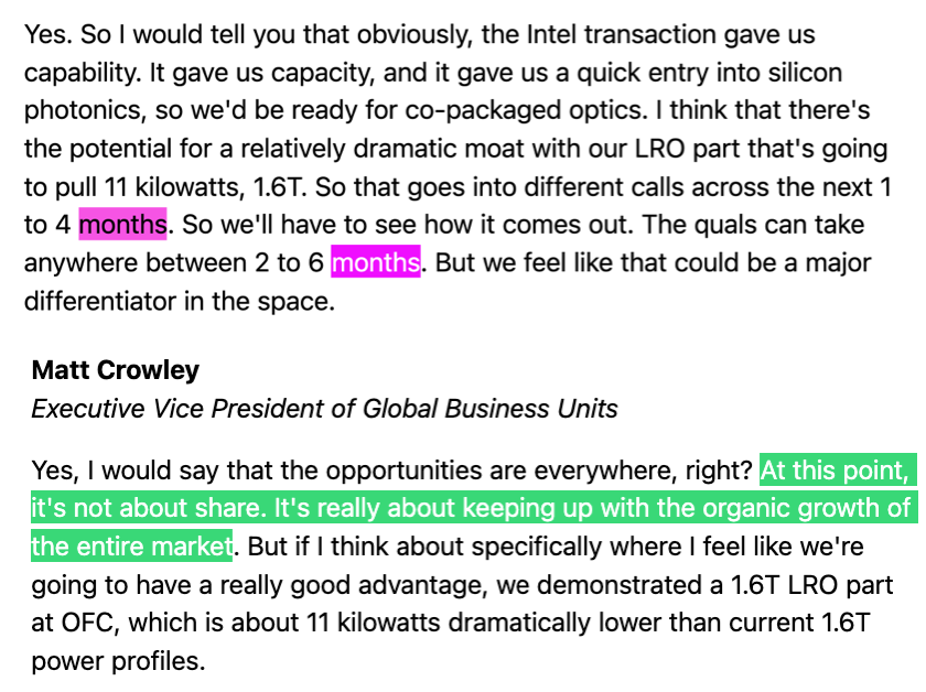 aleabitoreddit's tweet photo. $SIVE mass production for 1.6T optical transceivers with $JBL:

Is now earlier than expected per JP Morgan Fireside chat. 

Here's what they announced: 

> "Relatively dramatic moat" implied with $SIVE laser architectures

> Extreme demand for their 1.6T, which was previously unknown in terms of volume. 

> Faster than expected timelines, pulling revenue realization window forward. 

The statement:

1. Jabil’s 1.6T LRO: "Goes into different qualifications across the next 1 to 4 months" 

“The quals can take anywhere between 2 to 6 months"

Given its May H1 2026, mass production and revenue realization could begin in anywhere between 3 months to 10 months. 

So late 2026 with 6.5 month midpoint. 

Lot of former estimates were H2 2027. 

3. Architecturally it's "which is about 11 kilowatts dramatically lower than current 1.6T power profiles" 

Hyperscalers would like to hear this, and this is the competitive differentiation + relatively dramatic moat proven with $SIVE as the critical photonics chokepoint.

4. "At this point, it's not about share. It's really about keeping up with the organic growth of the entire market."

Again this shows that the enormous demand has outstripped supply.

The implications are that it’s more of a matter of how much Sivers + Jabil can build together, as anything they make would be bought. 

This type of statement is just incredibly material for Sivers revenue relative to their current marketcap.

The market was previously uncertain about the exact volume demand and commercial timeline from Sivers X Jabil. 

Jabil just publicly confirmed that the demand for their 1.6T LRO with $SIVE lasers is essentially uncapped.
