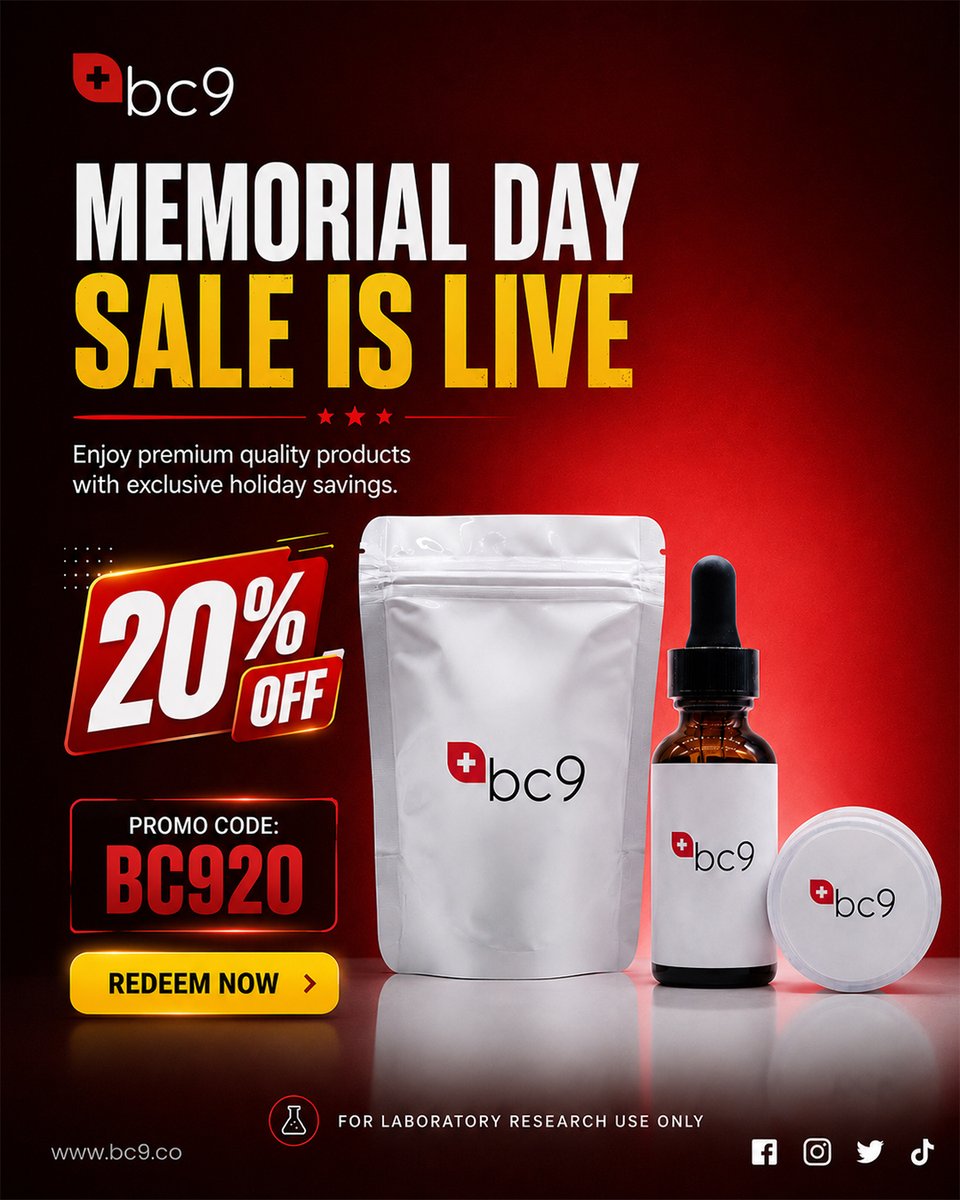 bc9co's tweet photo. The Memorial Day Sale is LIVE 🔥

Enjoy 20% OFF premium research products with code BC920 — limited-time holiday savings you don’t want to miss.

Shop now and save big. ⚡

#bc9 #MemorialDaySale #BC920 #ResearchCompounds #LabGrade #HolidaySale #PremiumQuality https://t.co/JufuTkV7pv