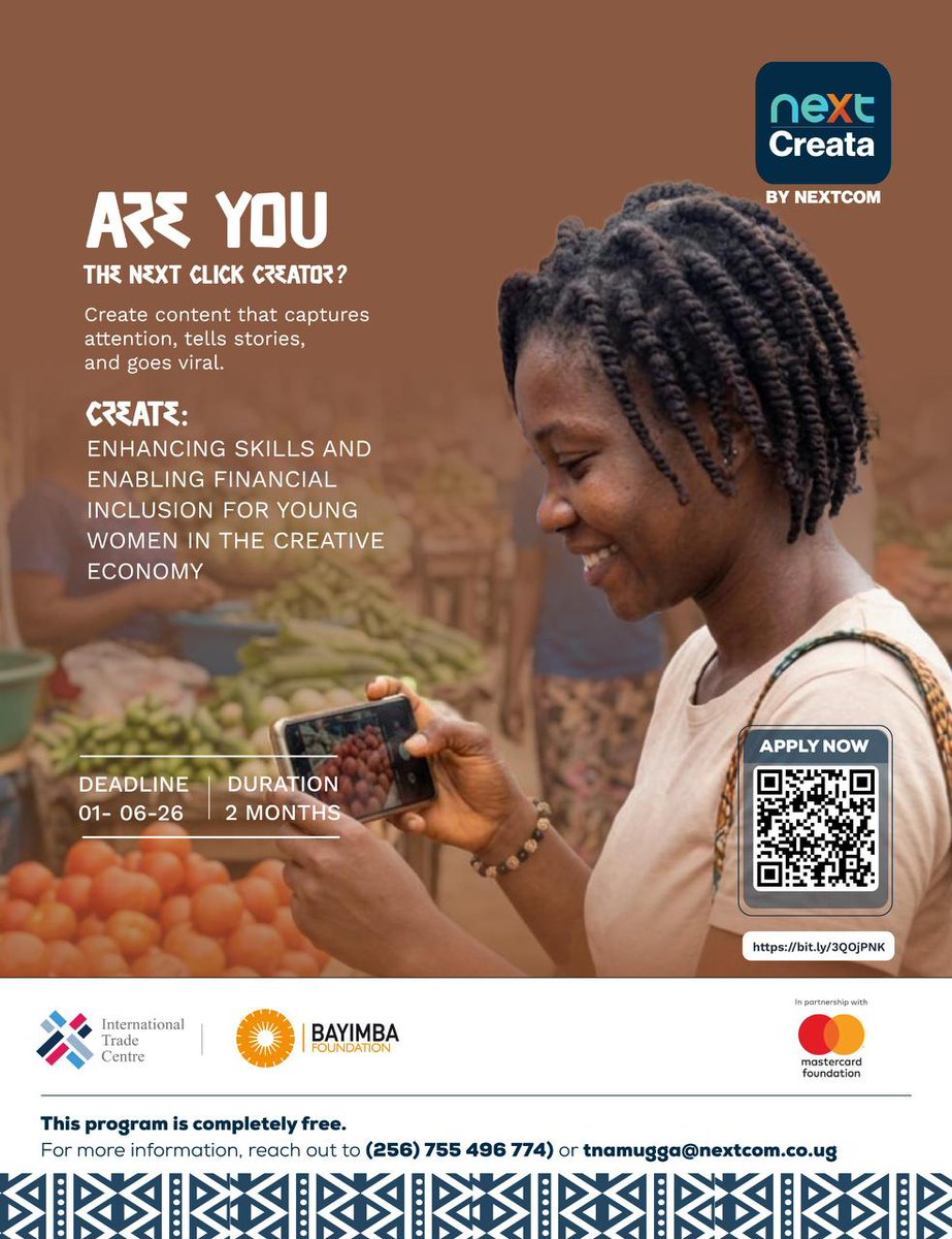 SalamTvUG's tweet photo. Join the FREE CREATE program to gain creative skills, mentorship, and opportunities.
Open to young women, refugees, and persons with disabilities across Uganda.
Apply: https://t.co/YMpV6YAXv3
#CreativeWealthUG #NextCreata #TheNextCreatorProgram #SalamUpdates https://t.co/SYa5Heo65V