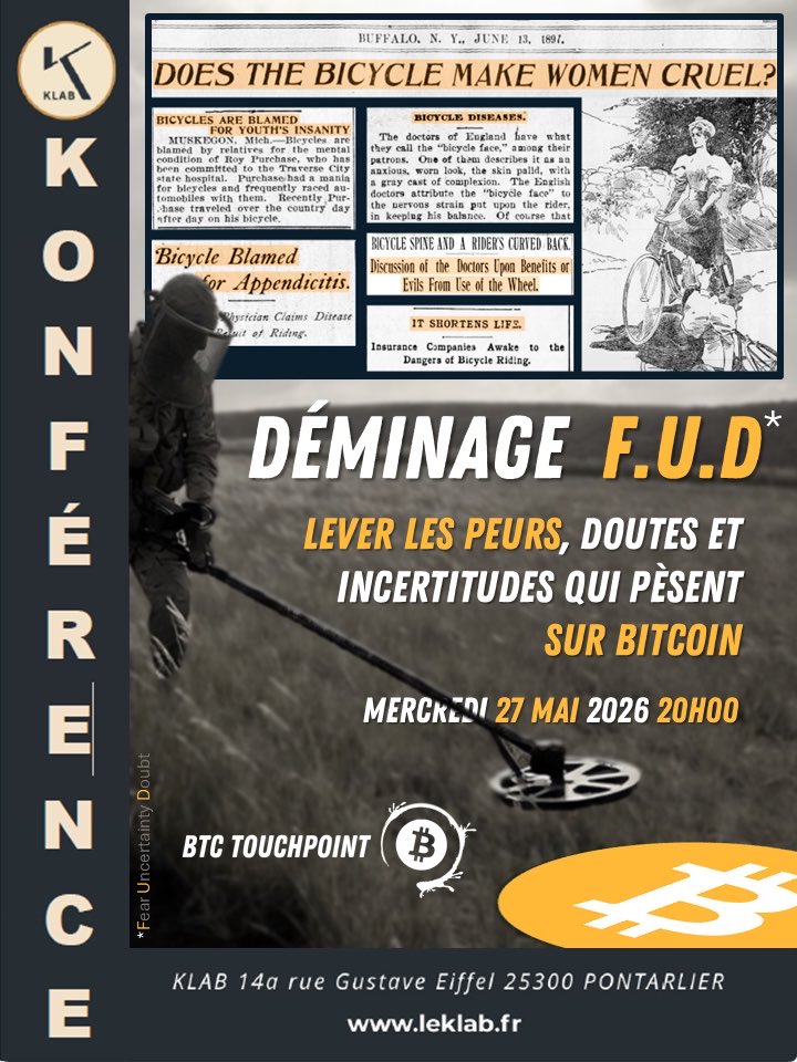 PontarlierBTC's tweet photo. Venez casser le FUD au KLAB Pontarlier le mercredi 27 mai 2026 à 20h00 !!

Mais c’est quoi ce « FUD » ?!

Fear, Uncertainty and Doubt

Démystifier vos peurs, incertitudes et doutes une bonne fois pour toutes avec @Jacques_BTC https://t.co/S6ZEcNc0iv