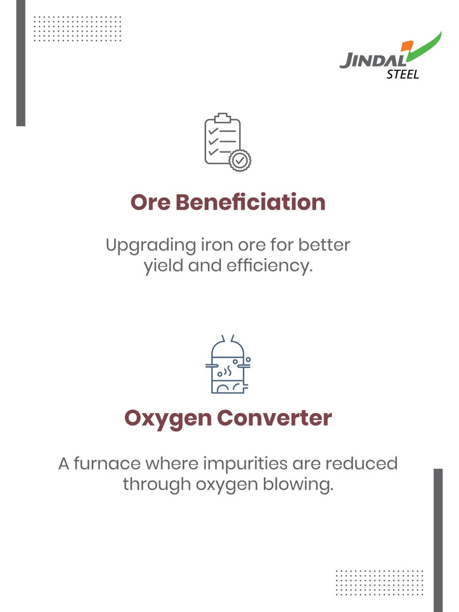 JindalSteel_In's tweet photo. Steelmaking is shaped by processes that improve every stage of the journey, from raw material preparation to final refinement.

In the next #SteelABC, we explore two systems that help enhance efficiency, consistency, and performance in modern steel production.

O is for Oxygen Converter and Ore Beneficiation.
Ore beneficiation improves the quality of iron ore for better yield and process efficiency, while oxygen converters help refine molten iron into high-quality steel through controlled oxygen blowing.

Smarter processes for stronger steel.

#Steelmaking #SteelOfIndia