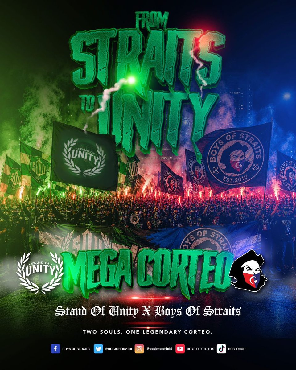BosJohor2010's tweet photo. MEGA CORTEO 
Boys Of Straits x S.O.U - Stand of UNITY   
🔵🔴⚪🟢

Buat pertama kali dalam sejarah, perarakan yang diterbitkan dari rasa kekeluargaan yang lama sudah terjalin antara penyokong bolasepak Johor dan Sarawak, https://t.co/fZQWKFyyYf