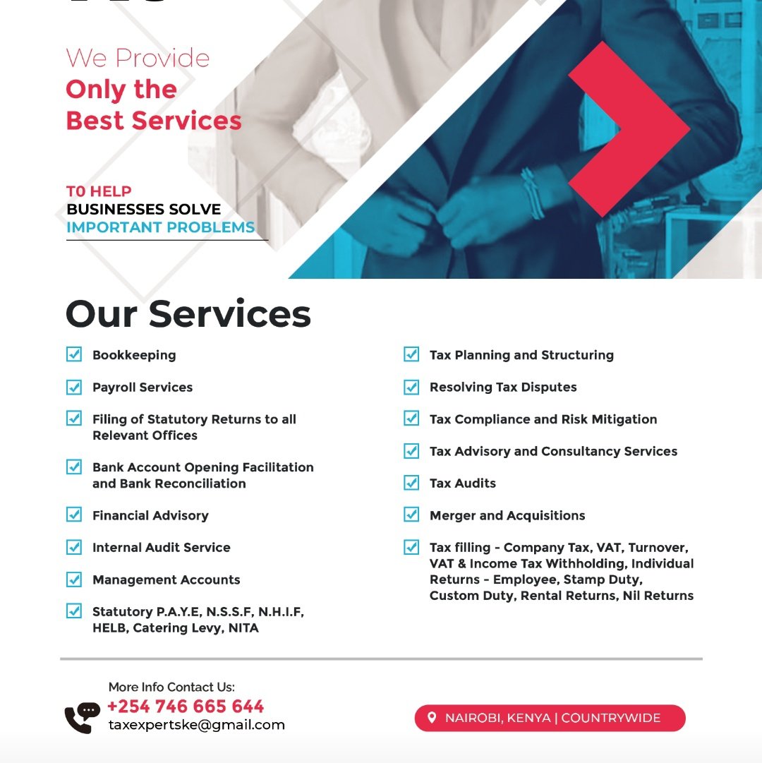 CycloneKenya1's tweet photo. File your 2025 Tax returns with @TaxExpertKe 

Call 0708710316 and be compliant with the tax man.

Accounting 
Audit 
Advisory 
Taxation.

#TaxKe
#Accountingke
#AuditKe 
#AdvisoryKe 
#TaxationKe https://t.co/MHCD6AO4BX