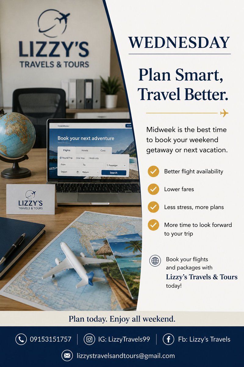BrithyyAdoree's tweet photo. Midweek is the perfect time to plan ahead ✈️
Booking your weekend flights or vacation early means better options, less stress, and smoother travel plans.
Let Lizzy’s Travels &amp; Tours handle the details while you look forward to the journey 🌍
📞 09153151757 https://t.co/UzqFvyNUxs