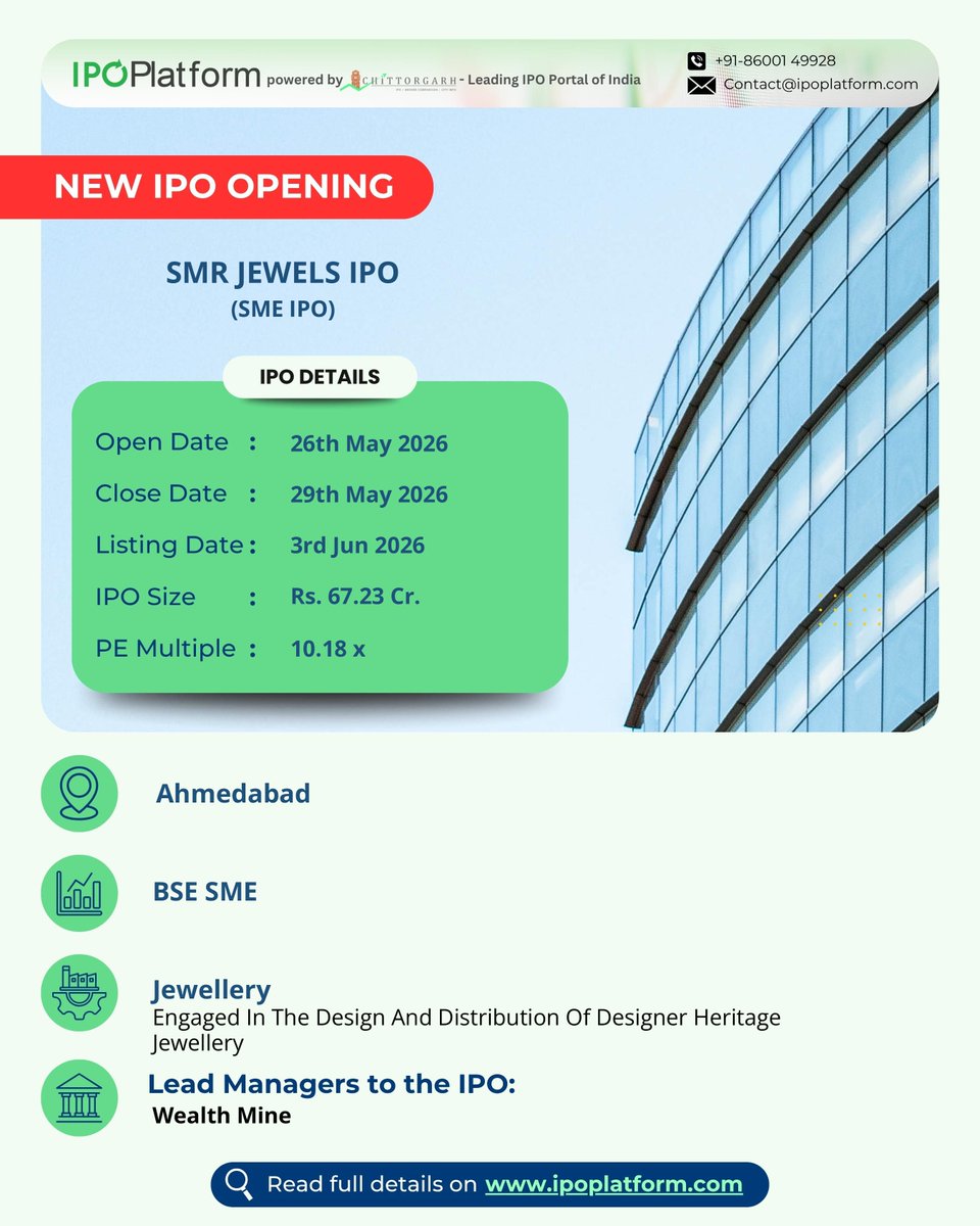 IPOPlatform's tweet photo. SMR Jewels SME IPO Opened Today for Subscription
https://t.co/0CmHsca1S7

#IPO #SME #MSME #SEBI #NSE #BSE #Listing #Subscription #ShareMarketIndia #InvestSmart #MarketUpdate #SMRIPO #MarketTrends #FinanceNews #Jewellers https://t.co/KZhj1p8C0z