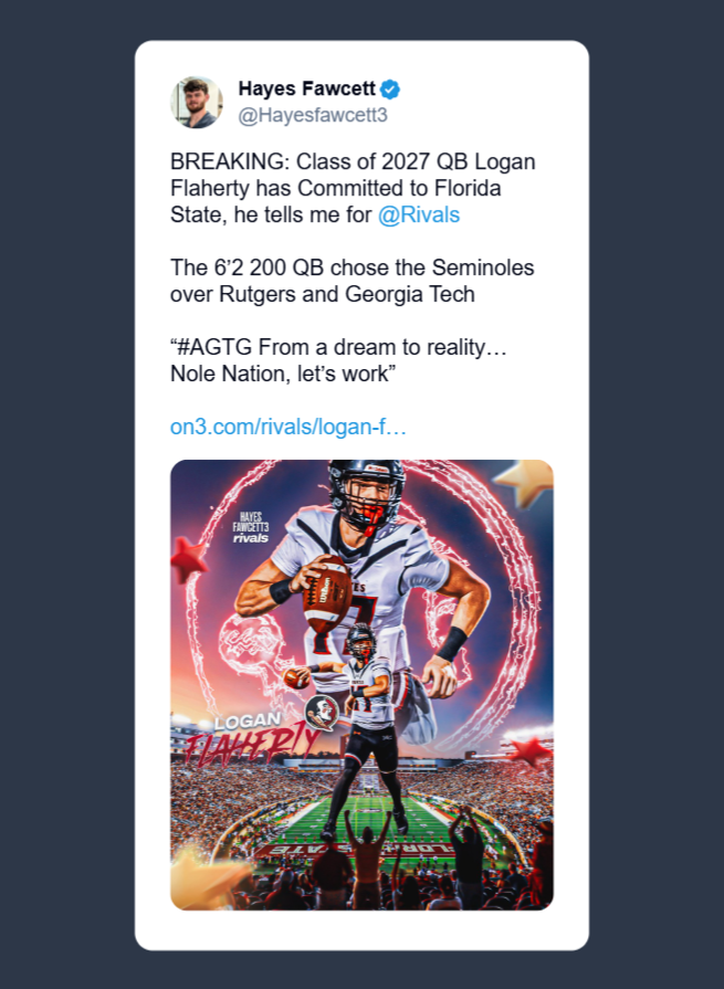 TheChiefBrief's tweet photo. FSU got their QB for this class and he chose FSU over a lot more money #Noleblooded https://t.co/0rKTqlANGm