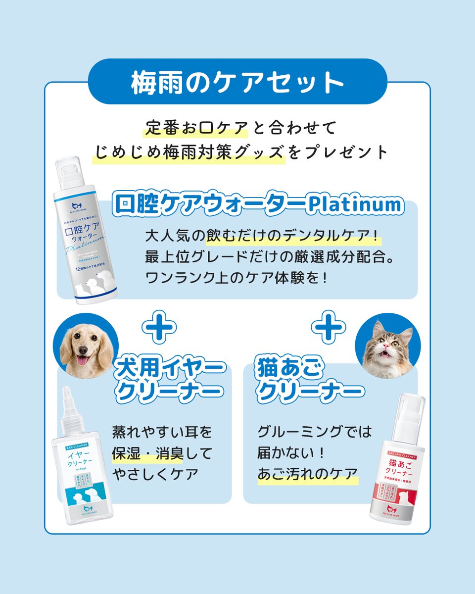 pet_link_more's tweet photo. ／
梅雨に備える☔わんにゃんケアセット
プレゼントキャンペーン🤍🩵💙
＼

じめじめの梅雨に先手を打とう☔
定番のお口ケア＆梅雨のお悩み対策ケアのセット❣️
抽選で合計20名に当たる🎁（X:10名、Instagam:10名）

🎁プレゼント
2点セット。必ず犬用か猫用を選んでね❣️
💙全員：口腔ケアウォーター Platinum 250ml
  　　＋
🩵犬用：イヤークリーナー100ml
🩵猫用：猫あごクリーナー 50g

👇応募方法
1️⃣ @pet_link_more をフォロー
2️⃣ 「犬用」または「猫用」と書いて、引用リポスト

⏰応募締切：2026/5/26(火)まで

詳細はツリー投稿をチェックしてね