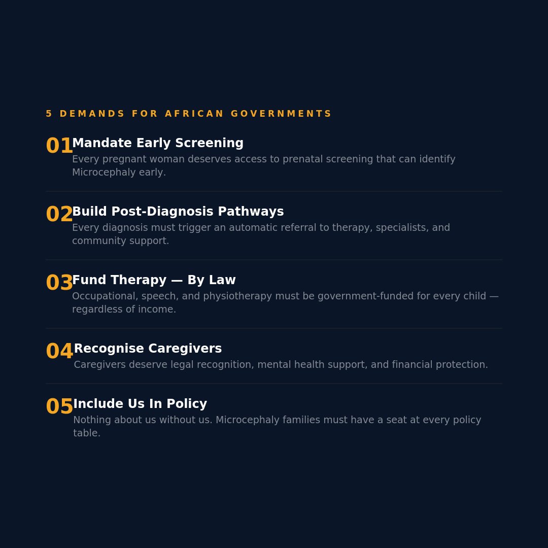 CareBeyondLimit's tweet photo. We are done asking politely. Here is what we demand for every child with Microcephaly in Africa:
✊ Mandatory early screening
✊ Post-diagnosis support pathways
✊ Government-funded therapy
✊ Legal recognition of caregivers
✊ A seat at the policy table
#HereIsWhatWeAreDemanding https://t.co/30RMiEQLli
