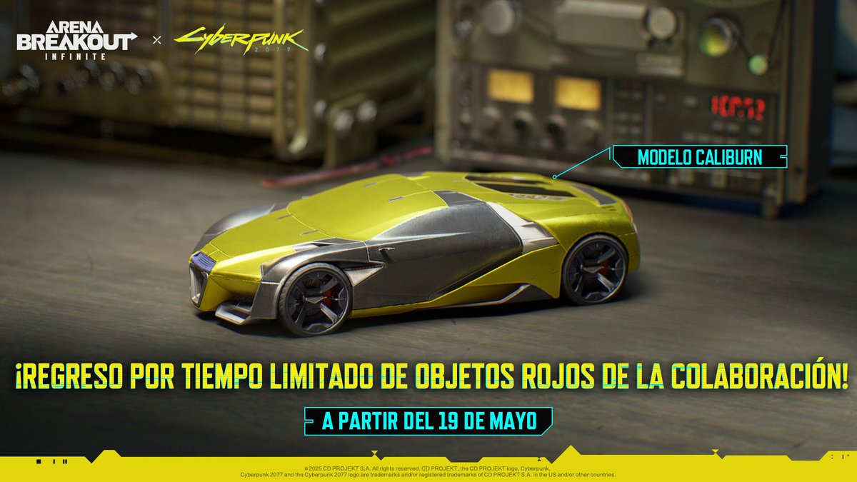 ABInfiniteES's tweet photo. [INTEL DE LA ZONA OSCURA]

ABI × Cyberpunk 2077 regresa hoy.

El Modelo Caliburn vuelve a las incursiones, junto con atuendos temáticos exclusivos, armas cuerpo a cuerpo y aspectos de armas.

Más eventos están por llegar.

En Kamona, el cromo se desvanece. Solo la potencia de fuego perdura.

#ArenaBreakoutInfinite #Cyberpunk2077