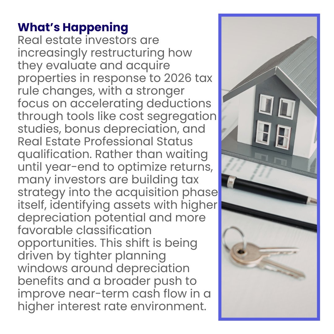 InteractiveAcc1's tweet photo. Real estate investors are increasingly shifting how they structure deals and plan acquisitions as they adapt to 2026 tax rule changes.

More focus is being placed on accelerating deductions through cost segregation studies, bonus depreciation strategies, and Real Estate Professional Status planning. Instead of treating tax planning as a year-end exercise, investors are now building it into the deal process from day one to improve after-tax returns and near-term cash flow.

As interest rates remain elevated and financing costs continue to pressure margins, these strategies are becoming a key lever for maintaining liquidity and reinvesting faster into new opportunities.

#RealEstate #TaxStrategy #CostSegregation #BonusDepreciation #REPS #RealEstateInvesting #TaxPlanning