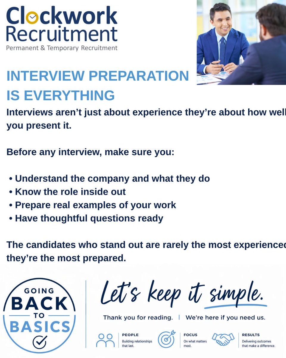 Clockwork_Jobs's tweet photo. Interview preparation is key
Preparation turns a good interview into a great one—and a great one into an offer. https://t.co/uFgd1kjcnz