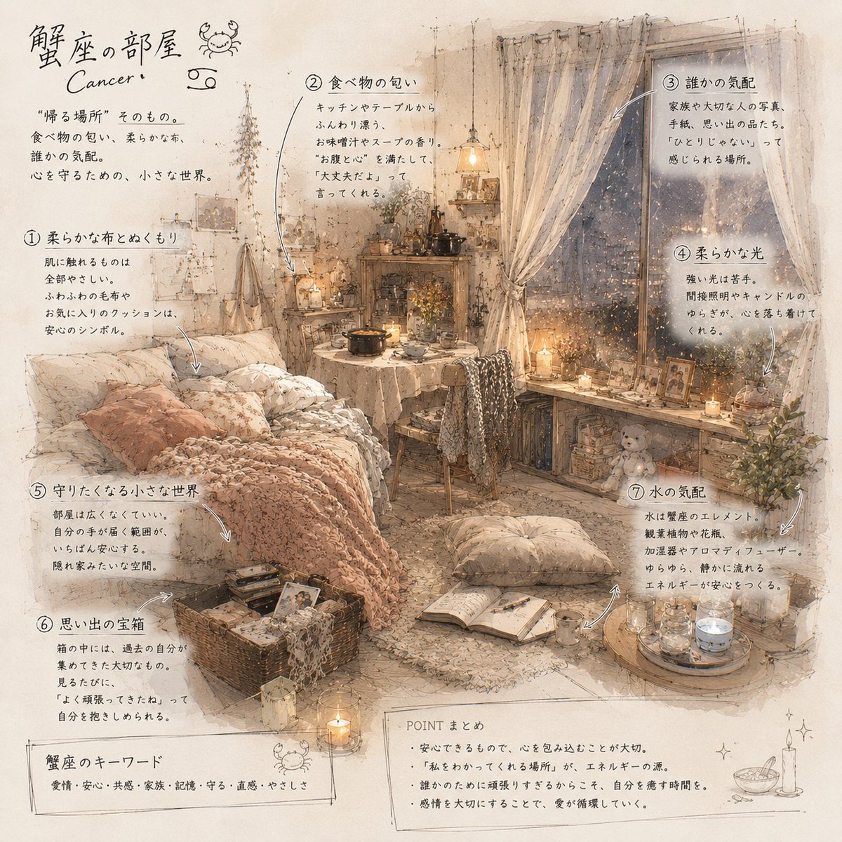anna0_x's tweet photo. 《星座別：素敵な部屋》  

【牡羊座】【牡牛座】【双子座】【蟹座】
お部屋は、 もっとも“自分らしさ”が滲む空間です。  
好きなもの。
 なぜか惹かれてしまうもの。 
繰り返し選んでしまう色や素材。  

そうして集められたものたちには、 
あなた自身の“受動的な美意識”が現れます。  

画像は、 月星座、金星星座、4ハウスの星座で見てみるのもおすすめです。  

もし、 「周囲とのギャップ」に悩んでいるなら、  10ハウスの星座や、 太陽星座の要素を、 職場・名刺・肩書など、 “社会的な顔”に取り入れてみるのも良さそうです☀️✨
