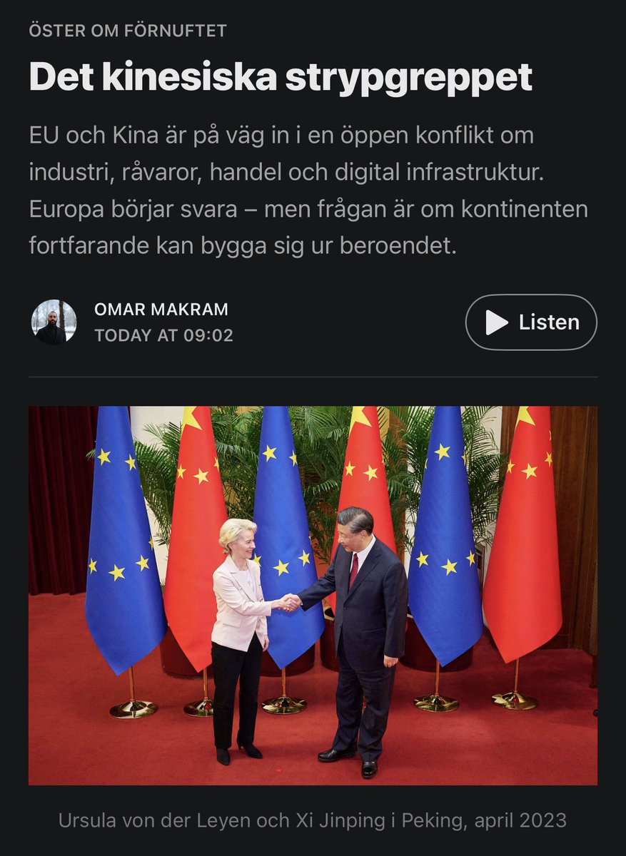 OmarMakram's tweet photo. Kina behandlar handel som makt och erövring. Varje exportprodukt, varje råvara och varje leveranskedja kan bli en knapp att trycka på när ett annat land röstar fel, reglerar fel eller säger nej till kinesiska intressen.

Europa börjar nu upptäcka detta. Sent, motvilligt och med den vanliga byråkratiska minen av någon som just insett att världen inte lyder under ett remissförfarande.