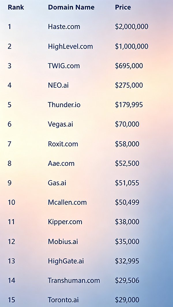 DNdomainname's tweet photo. 📊 The domain name trading market performed strongly over the past week. (May 11-17)

🔥 Top Domain Sales:

$2M | Haste .com
$1M | HighLevel .com
$695K | TWIG .com
$275K | NEO .ai
$179,995 | Thunder .io

​Premium, keyword-rich domains remain a top investment，and the market for AI-related domain names remains hot!

#Domains  #AI #DomainMarket