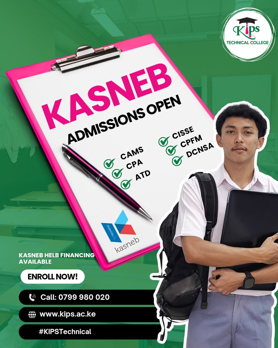 KIPStechnical's tweet photo. Unlock Your Future in Accounting, Finance, IT, and Beyond! 🚀
Are you ready to level up your skills and launch a thriving career? 🌟 Intake is NOW IN PROGRESS for top-tier KASNEB courses at KIPS Technical College – the ultimate gateway to professional excellence! Whether you're starting fresh or advancing
 your expertise, we've got the perfect program for you:

Certificate in Accounting & Management Skills (CAMS) – Build a strong foundation in essential business skills! 💼
Accounting Technicians Diploma (ATD) – Master the art of accounting with hands-on technical training! 📊
Certified Information Systems Support Expert (CISSE) – Become an IT support pro in high demand! 🖥️
Certified Public Finance Manager Professional (CPFM) – Lead in public finance with expert management strategies! 💰
Certified Information Communication Technologies (CICT) – Dive into cutting-edge ICT innovations and technologies! 🌐
Certified Public Accountant (CPA) – Achieve the gold standard in accounting certification! 📈
Certified Secretaries (CS) – Excel in corporate governance and secretarial practices! 📝
Diploma in Computer Networks & Systems Administration (DCNSA) – Command networks and systems like a tech wizard! 🔧

No barriers to entry – HELB financing is available for ALL KASNEB courses, making your dreams more achievable than ever! 🎓💸
Join our vibrant community of future leaders on a beautiful campus designed for success. Don't wait – spots are filling up fast! 📞 Call, SMS, or WhatsApp us today at 0115547528 or 0708184040 to enroll or get more info.

Follow @KIPStechnical for updates, tips, and success stories! 📱
#KASNEB #KIPSCollege #AccountingCareers #FinancePros #itexperts