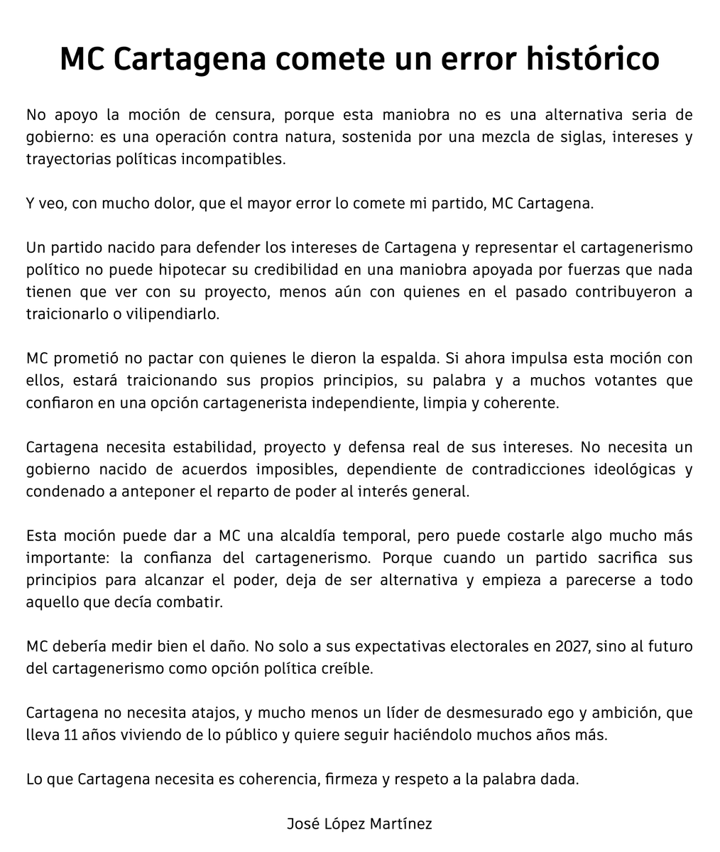 pepelopezct's tweet photo. Una moción de censura puede ganar una votación, y también destruir una credibilidad.

MC Cartagena debe explicar si alcanzar la alcaldía justifica romper sus principios, pactar con quienes dijo que no pactaría y dinamitar el futuro del cartagenerismo.

Cartagena merece coherencia https://t.co/kOZpBEkntt